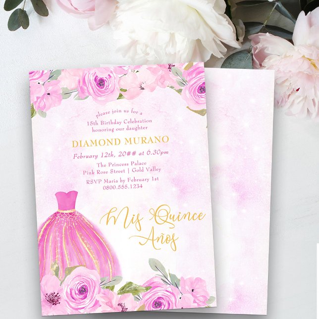Invitación Dorado rosa Floral Princesa Dress Mis Quince Anos (Mis Quince Invitation from my Galaxy Floral Princess Quinceanera collection)