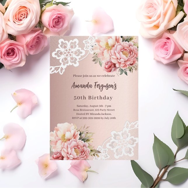 Invitación Dorado rosa florals encía lujo de 50 años (Subido por el creador)