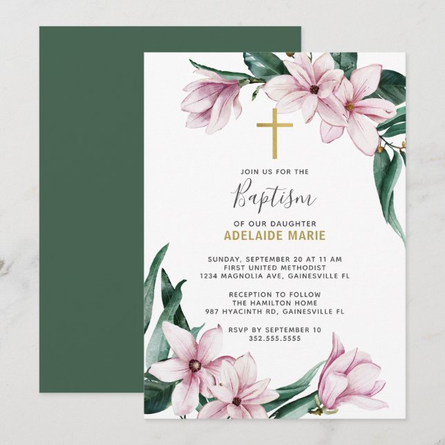 Invitación Dorado Rosa Magnolia Bautismo Floral (Anverso / Reverso)