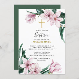 Invitación Dorado Rosa Magnolia Bautismo Floral