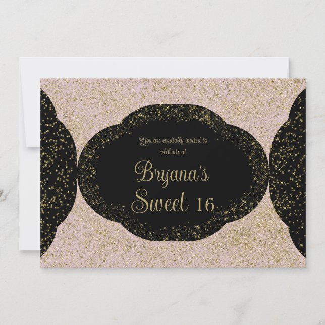 Invitación Dorado Rosa Negro Starry Purpurina Dulce 16 Cumple (Anverso)