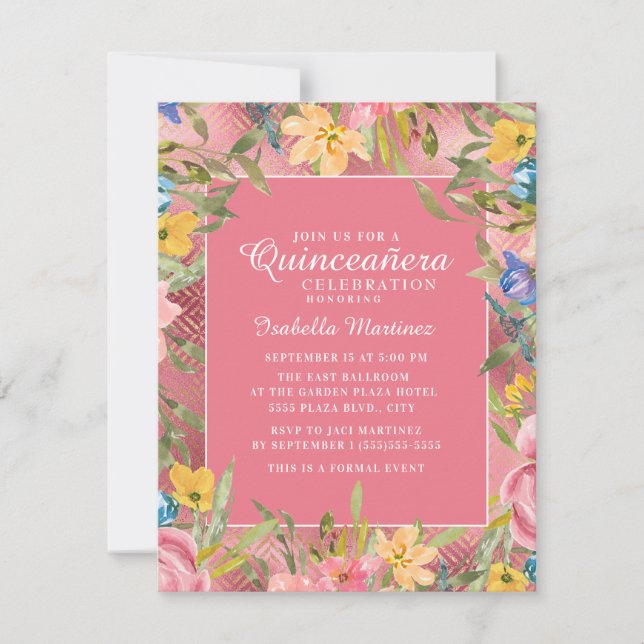 Invitación Dorado rosa Quinceañera Flor Azul Amarillo (Anverso)