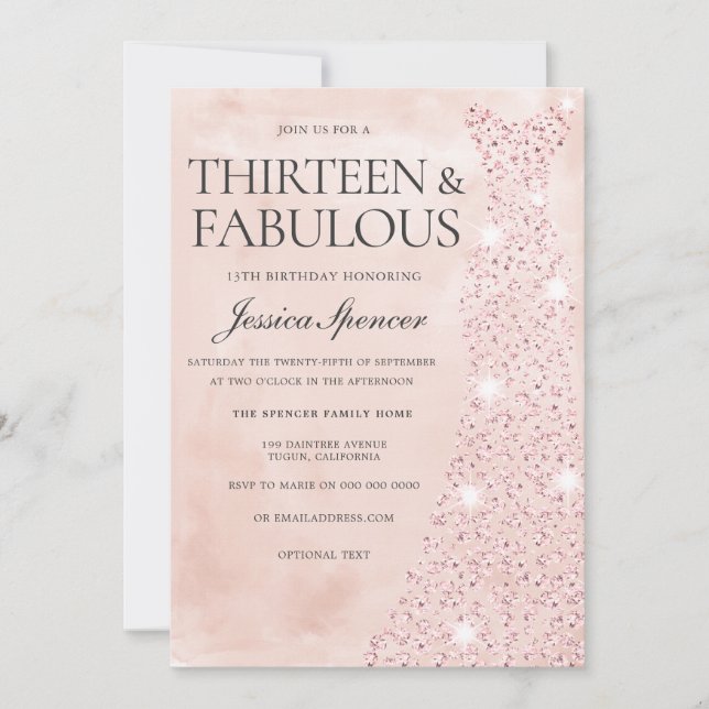 Invitación Dorado Rosa Rosa 13 y fabuloso cumpleaños 13 (Anverso)
