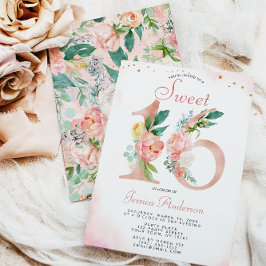 Invitación Dorado Rosa Rosa Princesa Floral Dulce 16 Cumpleañ