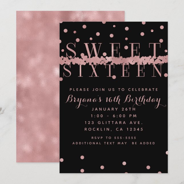 Invitación Dorado Rosa Rosa y Negro Moderno Glam Sweet 16 Fie (Anverso / Reverso)
