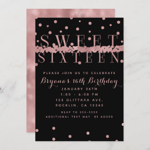Invitación Dorado Rosa Rosa y Negro Moderno Glam Sweet 16 Fie