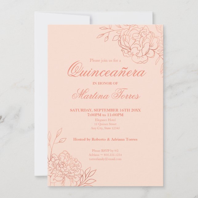Invitación Dorado rosa rosado contorno Flores Quinceanera flo (Anverso)