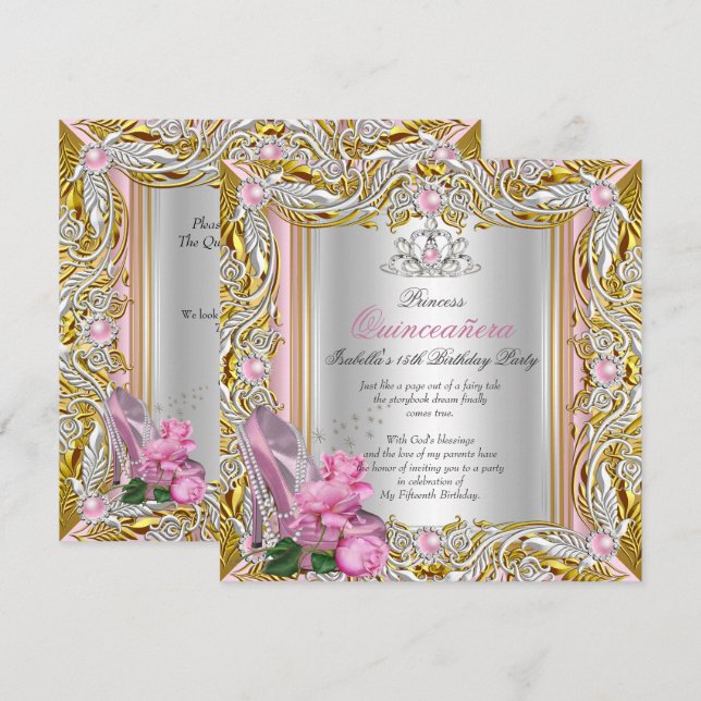 Invitación Dorado rosa rosado de la princesa Quinceanera (Anverso / Reverso)
