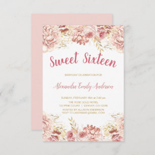 Invitación Dorado Rosa Rubor Dulce Floral Rosa Dieciséis Cump