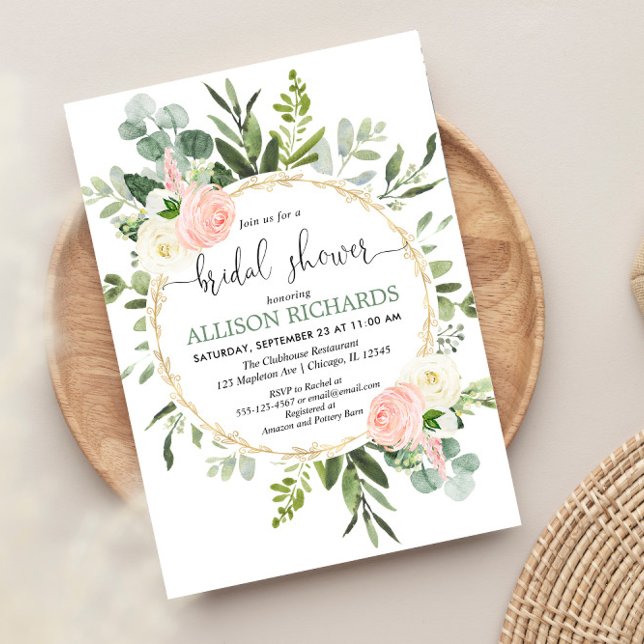 Invitación Dorado rosa verde eucalipto ducha de novia floral (Subido por el creador)