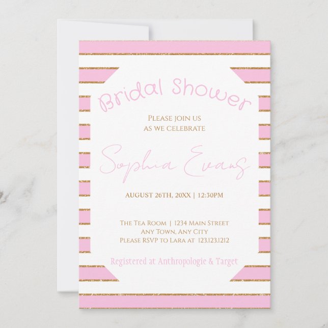 Invitación Dorado rosa y ducha de novia a rayas blancas (Anverso)
