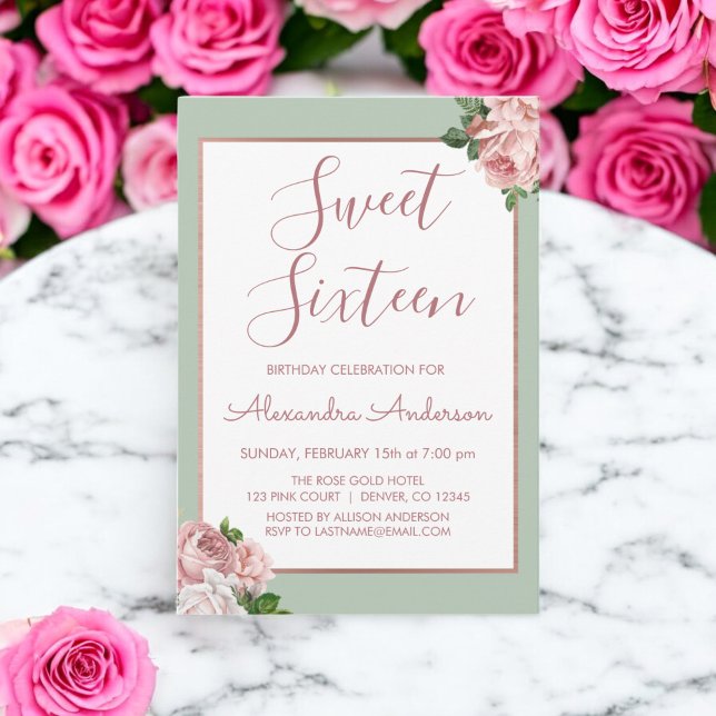 Invitación Dorado Rosa y Dulce Floral Sage Dieciséis cumpleañ (Subido por el creador)