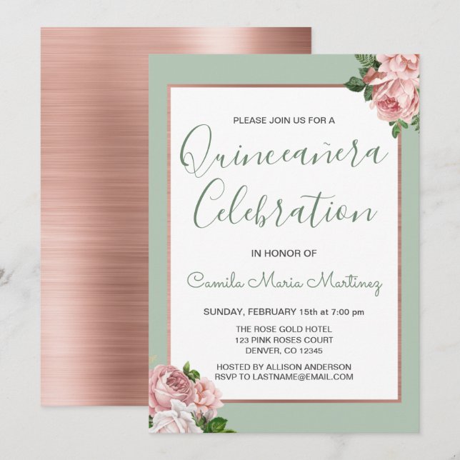 Invitación Dorado Rosa y floral de salvia Quinceañera (Anverso / Reverso)
