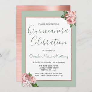 Invitación Dorado Rosa y floral de salvia Quinceañera