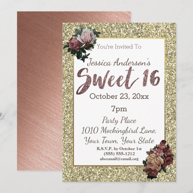 Invitación Dorado Rosa y Purpurina falso Floral Sweet 16 (Anverso / Reverso)