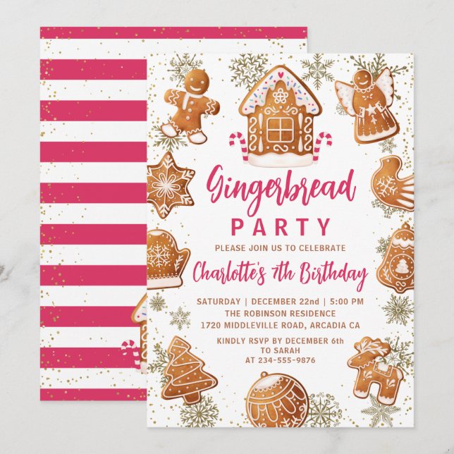 Invitación Dorado rosado Gingerbread Cookie Decorante Cumplea (Anverso / Reverso)