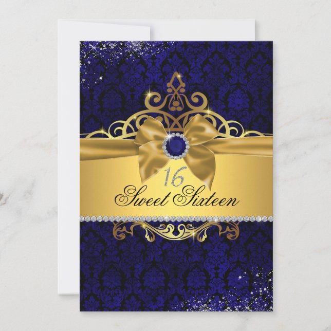 Invitación Dorado Royal Blue Damask Sweet Dieciséis Invitados (Anverso)