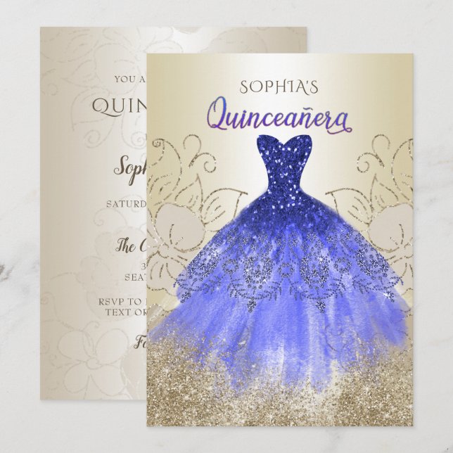 Invitación Dorado Royal Blue Sparkle Dress Quinceañera (Anverso / Reverso)