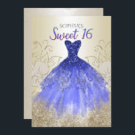 Invitación Dorado Royal Blue Sparkle Vestido Dulce 16<br><div class="desc">Dorado Royal Blue Sparkle Vestido Dulce 16 Invitación de cumpleaños</div>