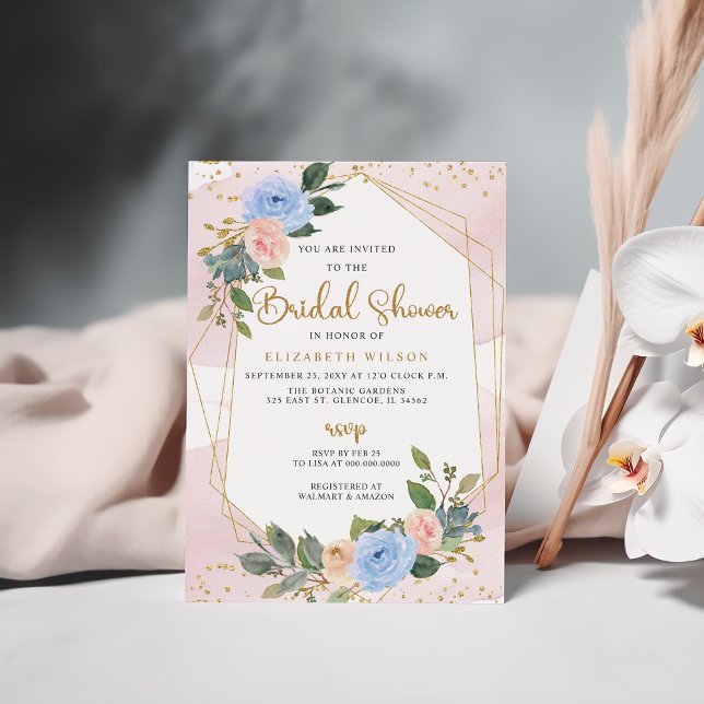 Invitación Dorado Rubor Floral Geométrico Moderno Bridal Show (Gold Blush Floral Geometric Modern Bridal Shower Invitation)