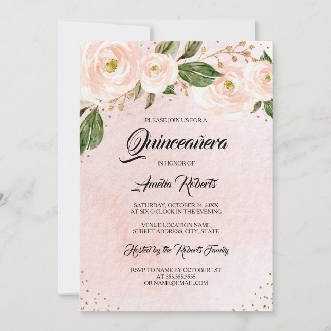 Invitación Dorado Rubor Floral rosa Quinceanera Cumpleaños (Anverso)