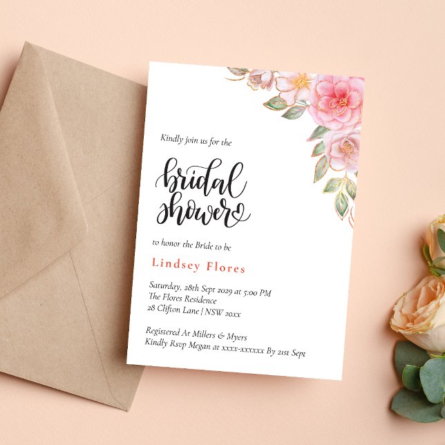 Invitación Dorado Rubor Pink Floral Greeneration Bridal Showe (Subido por el creador)