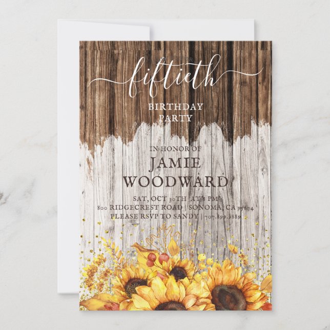 Invitación Dorado Rústico Sunflowers Barn Wood 50 cumpleaños (Anverso)