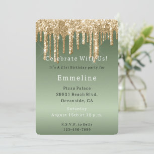 Invitación Dorado Sage Green Sparkle Purpurinas Drin Cumpleañ