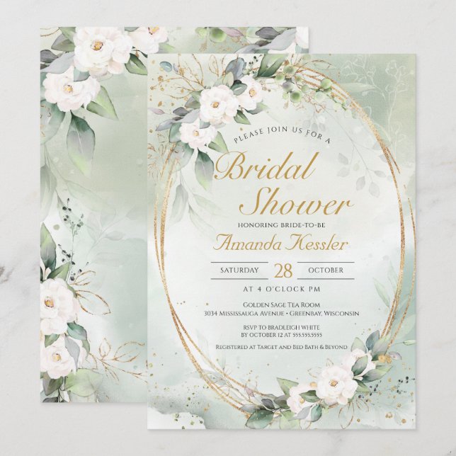 Invitación Dorado Sage White Floral Elegante Ducha Bridal (Anverso / Reverso)