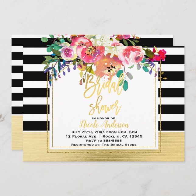 Invitación Dorado Script moderno Floral Glam Bridal Shower (Anverso / Reverso)