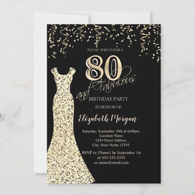 Invitación Dorado Secuencias de Vestido Purpurina Borde 80 cu (Anverso)