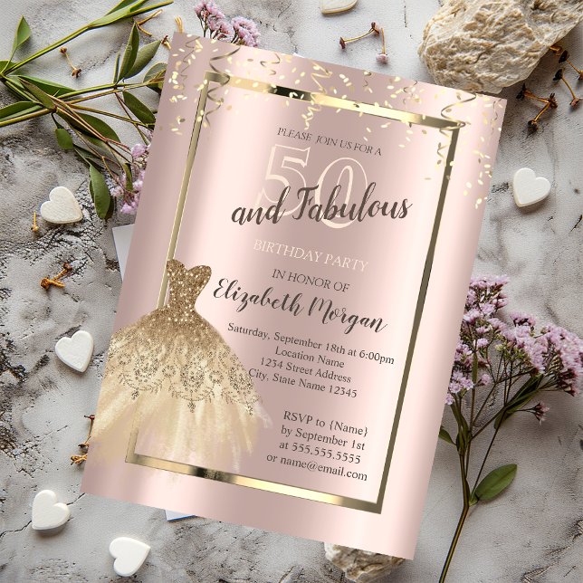 Invitación Dorado Secuencias Purpurina Vestido 50 cumpleaños (Subido por el creador)