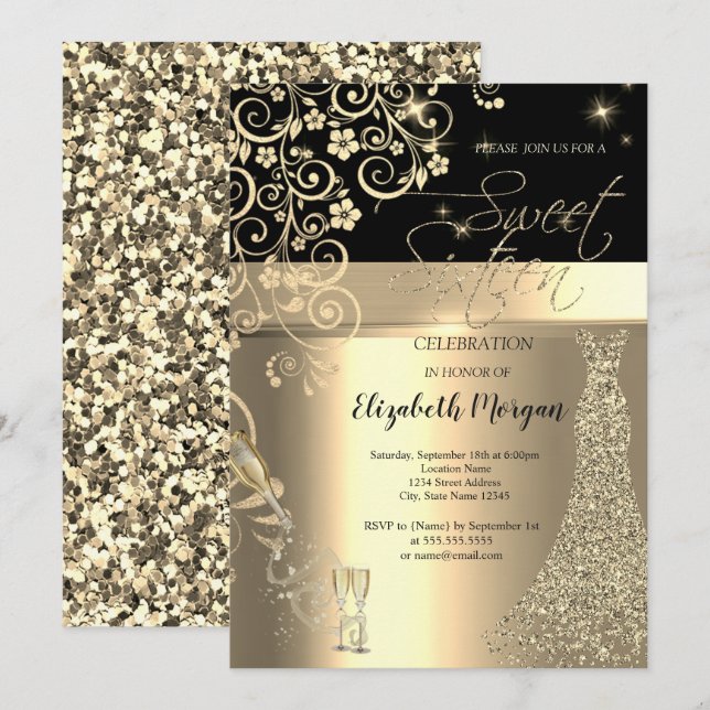 Invitación Dorado Secuencias Vestido Vidrio Floral Dulce 16 C (Anverso / Reverso)