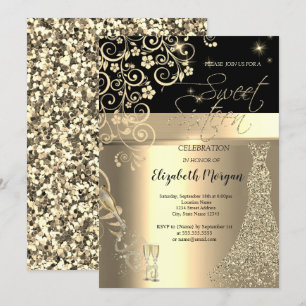 Invitación Dorado Secuencias Vestido Vidrio Floral Dulce 16 C