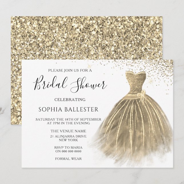 Invitación Dorado Sepia Purpurina de oro vestido vestido vest (Anverso / Reverso)
