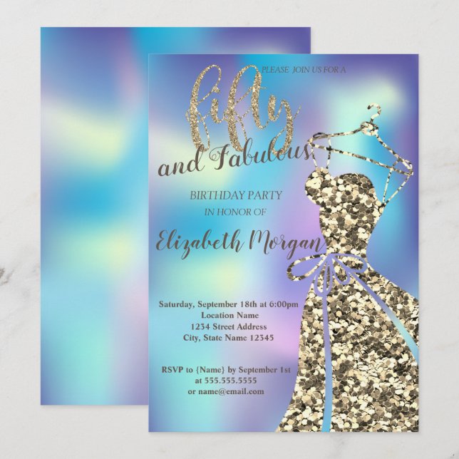 Invitación Dorado SequinsDress,Fiesta Holográfica de cumpleañ (Anverso / Reverso)