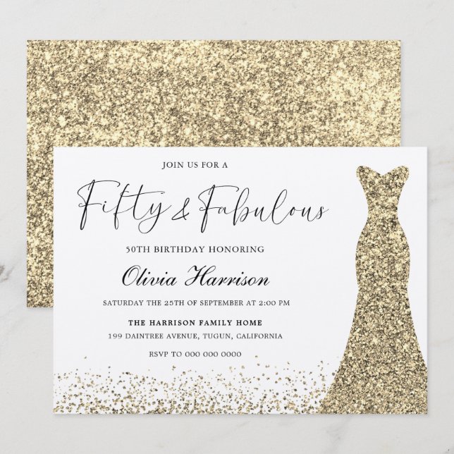 Invitación Dorado Shimmer Vestido Cincuenta y Fabuloso cumple (Anverso / Reverso)