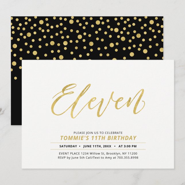Invitación Dorado Simple Moderno Lettering 11ª fiesta de cump (Anverso / Reverso)