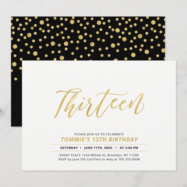 Invitación Dorado Simple y Moderno Lettering 13ª fiesta de cu (Anverso / Reverso)