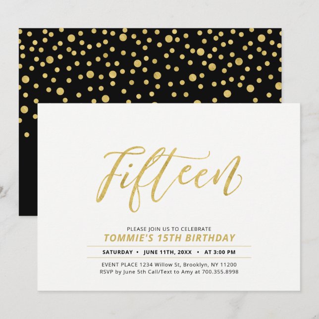 Invitación Dorado Simple y Moderno Lettering 15ª fiesta de cu (Anverso / Reverso)