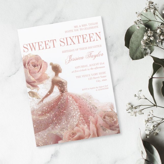 Invitación Dorado Sparkle Sweet 16 Vestido Rubor Rosa (blush pink glitter dress with roses sweet sixteen birthday invitation)