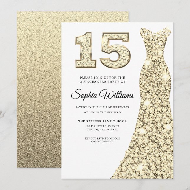 Invitación Dorado Sparkle Vestido Quinceanera 15º cumpleaños (Anverso / Reverso)
