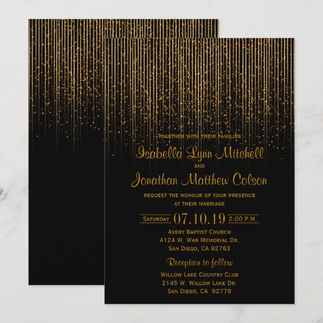 Invitación Dorado Star Shower y diseño de Boda negro (Anverso / Reverso)