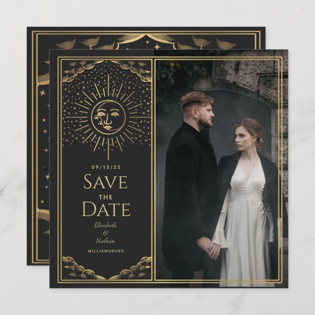 Invitación Dorado Sun y Moon Tarot Card Foto Guardar fecha (Anverso / Reverso)