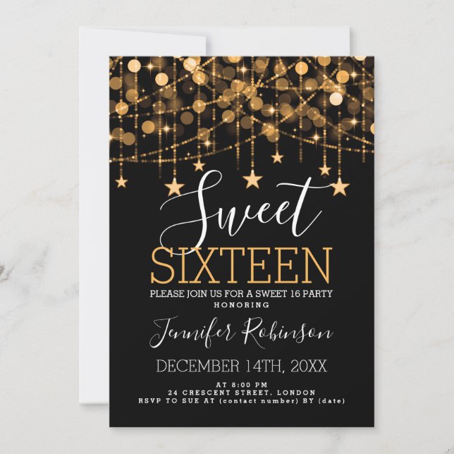 Invitación Dorado Sweet 16 Birthday Sparkly String Lights (Anverso)