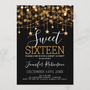 Invitación Dorado Sweet 16 Birthday Sparkly String Lights