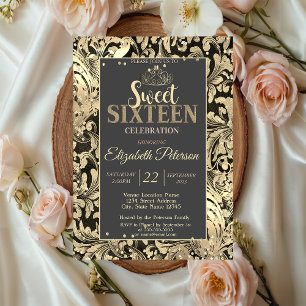 Invitación Dorado Swirls Tiara Sweet Diamonds 16 Fiesta