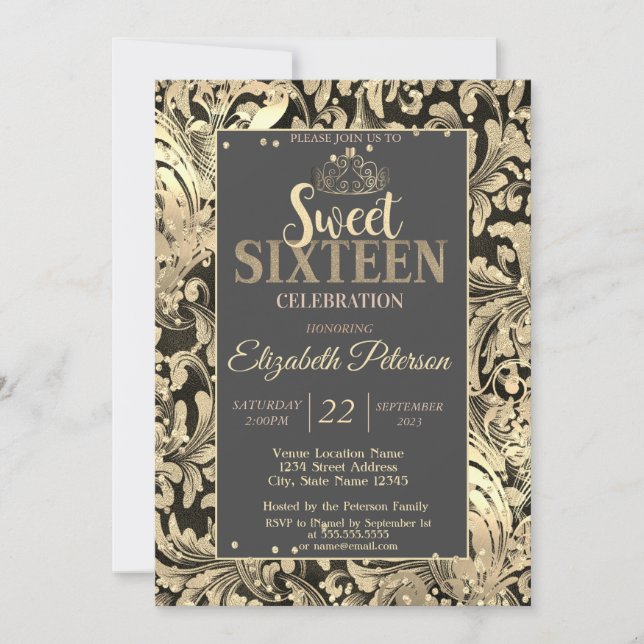 Invitación Dorado Swirls Tiara Sweet Diamonds 16 Fiesta (Anverso)