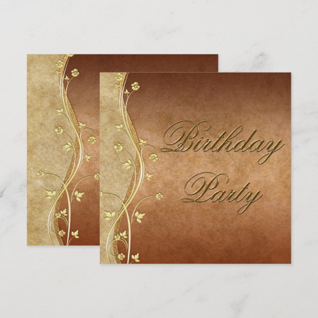 Invitación Dorado Swirls y decoración floral Cumpleaños (Anverso / Reverso)