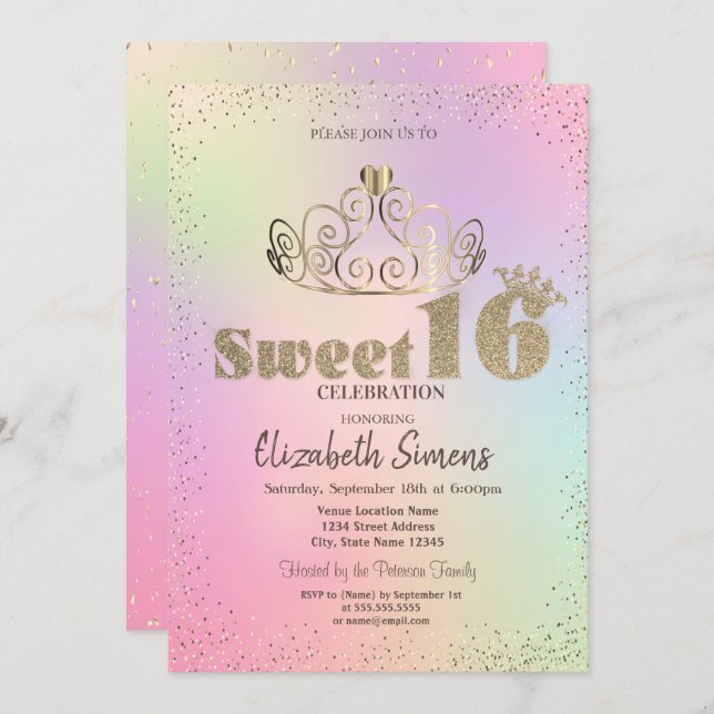 Invitación Dorado Tiara Confetti Princesa Holográfica Dulce 1 (Anverso / Reverso)